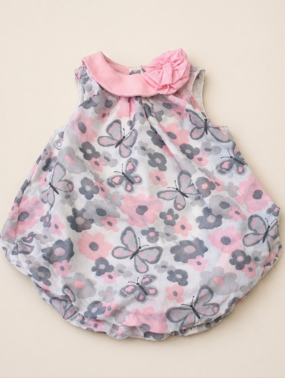Baby Essentials Pink Butterfly Bubble Romper 3M Chiffon Peter Pan Collar Soft